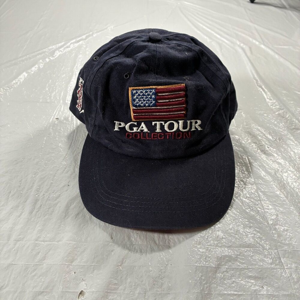PGA Tour Collection Hat Cap Fitted Mens 7 1/8 Navy Blue USA Flag Golf PGA Tour
